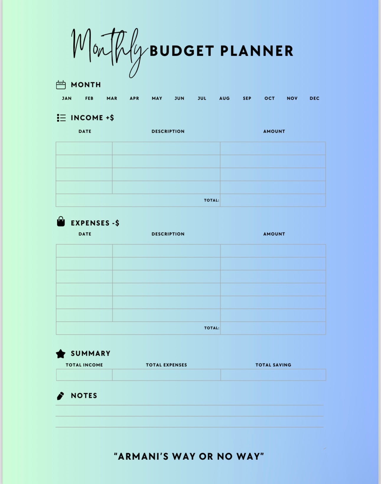 Monthly Budget Planner (Single Page)